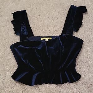 GIANNI BINI Navy Blue Velvet Crop Tank Ruffle Sleeve Straps Peplum Size XS
